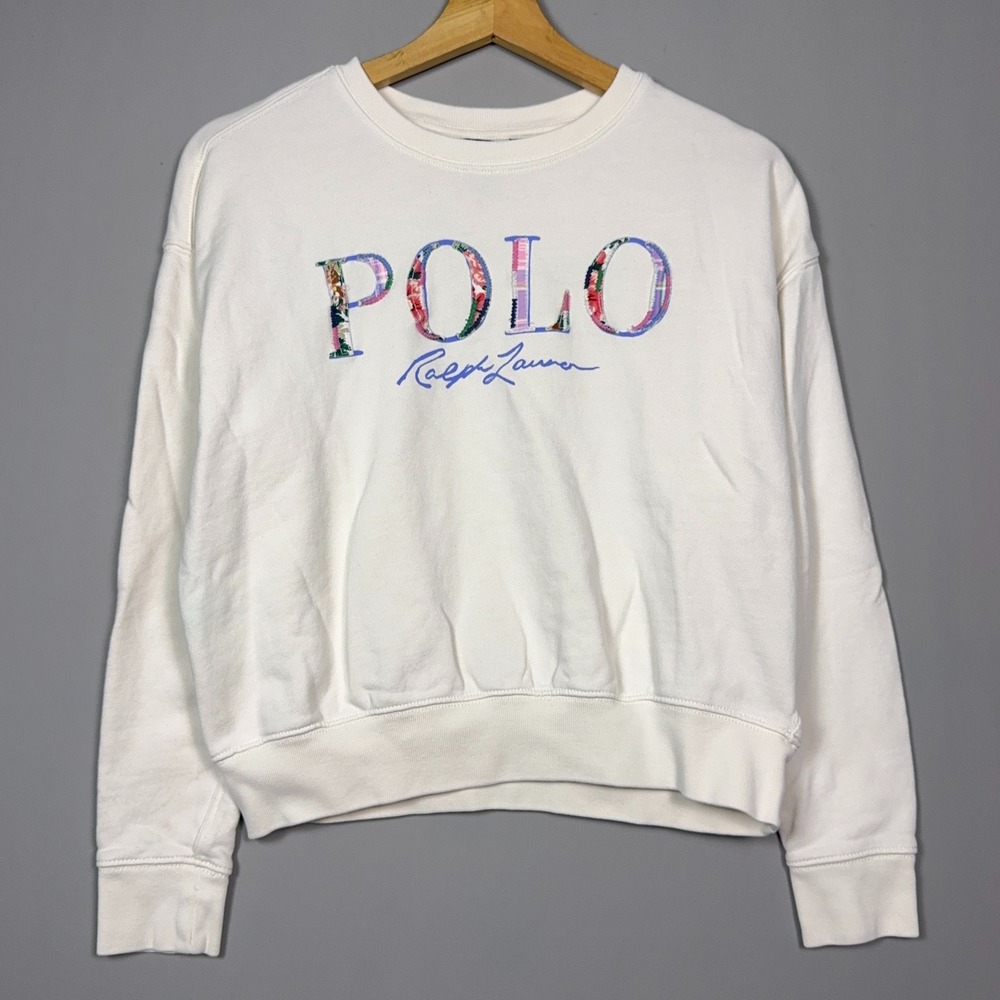 Polo Ralph Lauren Patchwork Sweatshirt Girls Size Large Floral Logo White